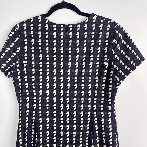 Theory 10 Black Blue Jatinn Geometric Plaid Tile Print Shift Dress Short Sleeve - Picture 6 of 11